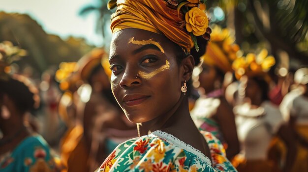 Foto mujer sonriente con tocado mira a la cámara con alegría carnaval