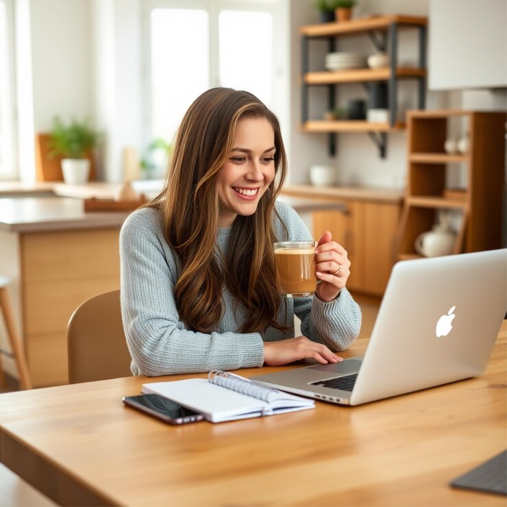 Mujer sonriente trabajando en una computadora portátil en un entorno comercial positivo
