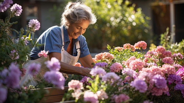 Una mujer sonriente trabajando en el jardín