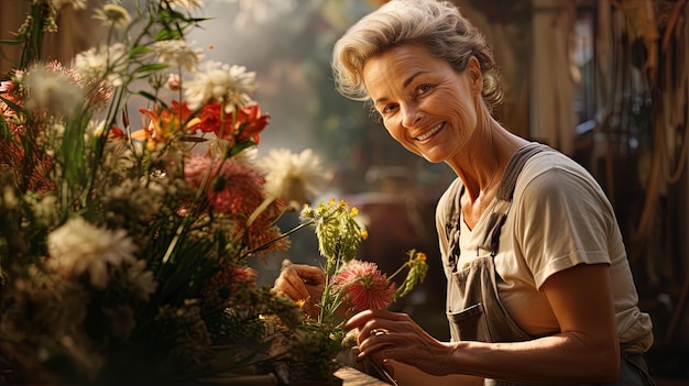 Una mujer sonriente trabajando en el jardín