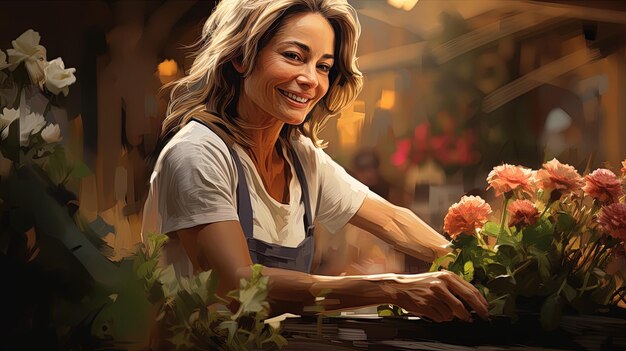 Una mujer sonriente trabajando en el jardín