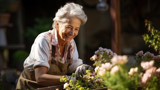 Una mujer sonriente trabajando en el jardín