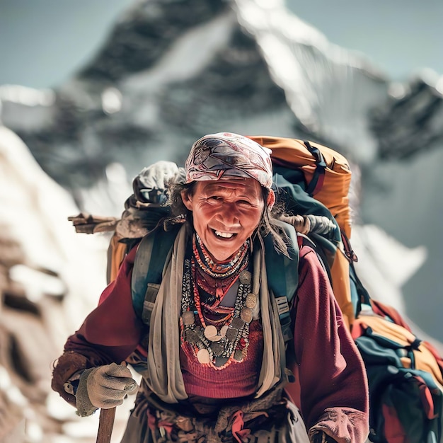 Una mujer sonriente con un traje colorido con una montaña en el fondo