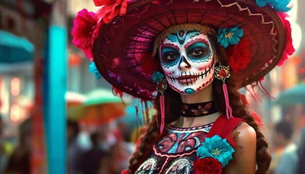 Mujer sonriente en traje tradicional mexicano en el colorido desfile de Halloween generado por inteligencia artificial