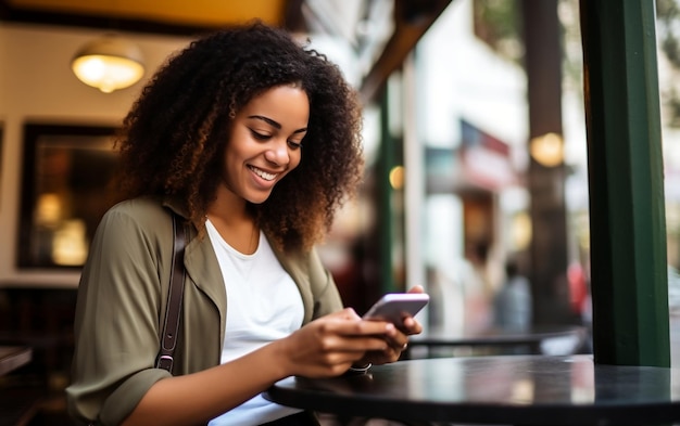 Mujer sonriente usando un dispositivo móvil para pagos en línea IA generativa