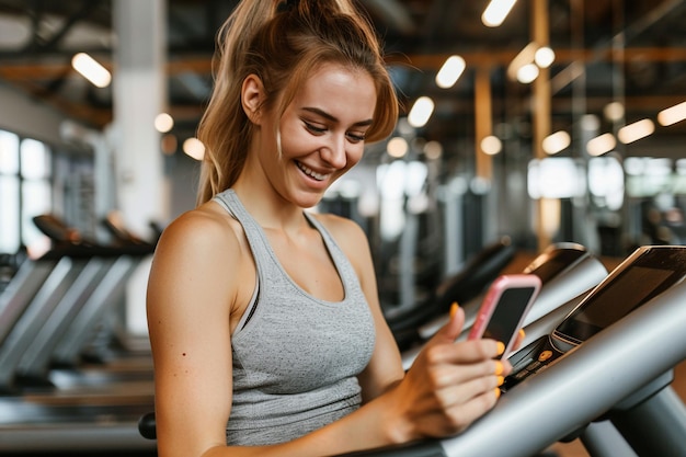 Mujer sonriente usando teléfono en cinta de correr con IA generada