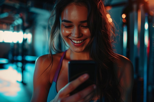 Mujer sonriente usando teléfono en cinta de correr con IA generada