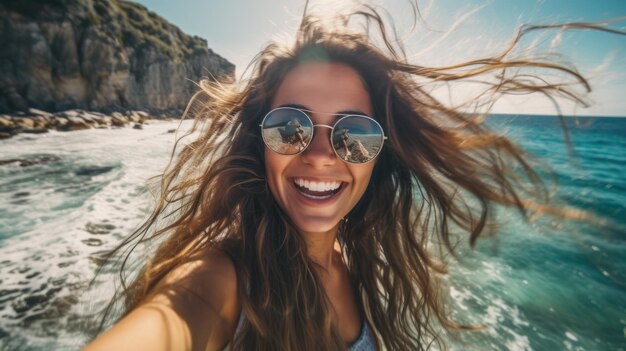 Mujer sonriente en vacaciones playa mar océano verano