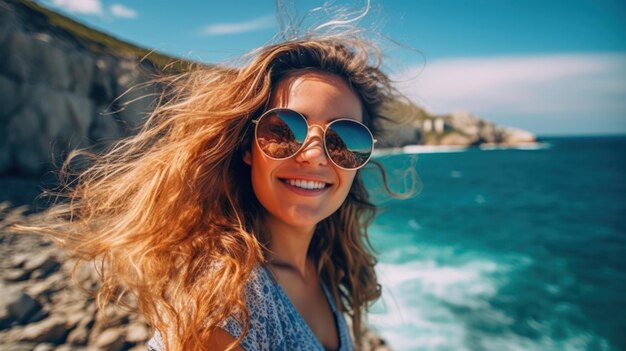 Mujer sonriente en vacaciones playa mar océano verano