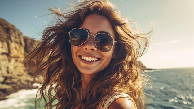 Mujer sonriente en vacaciones playa mar océano verano