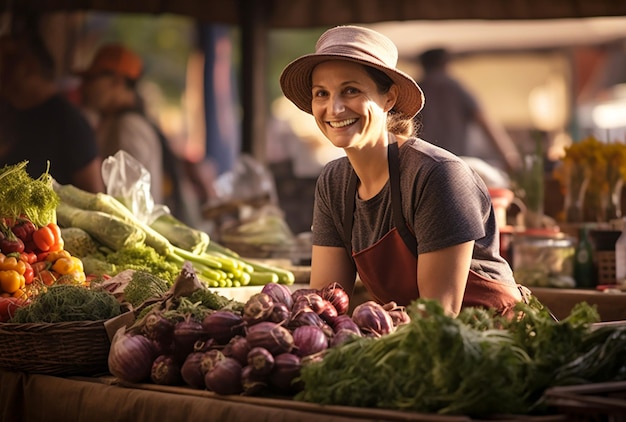 Mujer sonriente vendiendo frutas y verduras frescas en un mercado de agricultores Día soleado de otoño Generativo ai