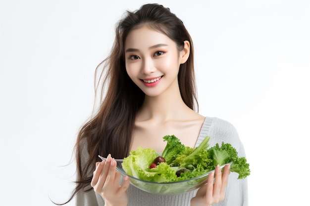 Mujer sonriente con verduras y ensalada