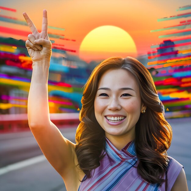 Mujer sonriente victoria Firmar en colorido puesta de sol espacio en blanco para texto superposición imagen de tamaño cuadrado