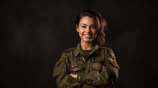 mujer sonriente vistiendo uniforme del ejército