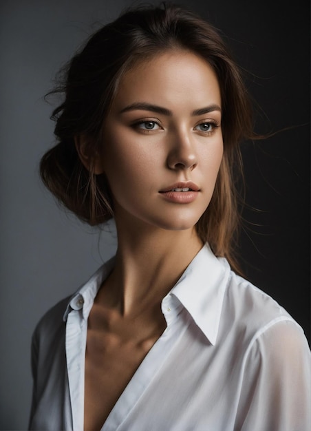 Mujer con una sonrisa agradable cabello marrón oscuro vestida de blanco casual