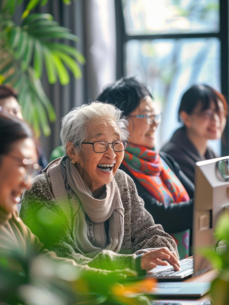 Una mujer con una sonrisa en la cara está sentada en una computadora