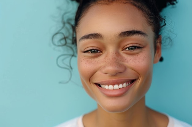 Una mujer con una sonrisa en la cara y un fondo azul