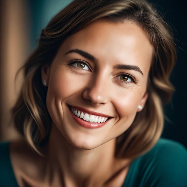 Una mujer con una sonrisa en la cara y sus dientes mostrando