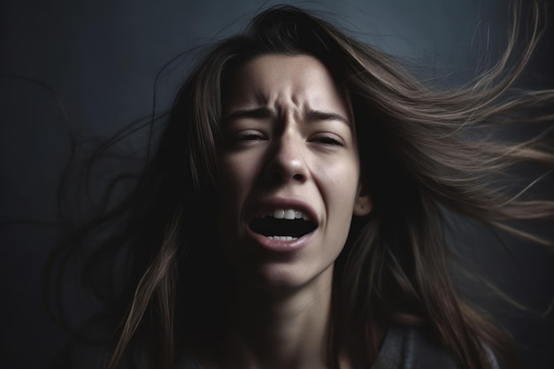 Una mujer con una sonrisa con dientes se muestra con un fondo oscuro.