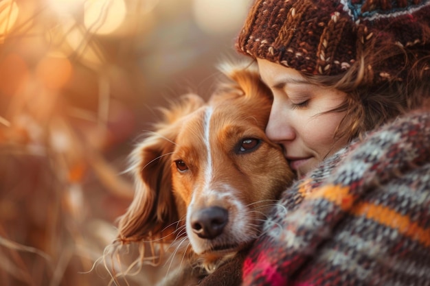 Una mujer con una sonrisa está abrazando a su perro compañero en un campo de sombreros de tartan