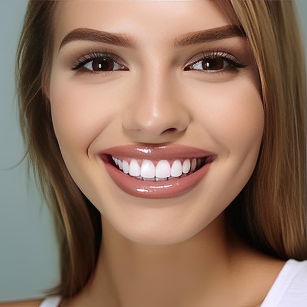 Foto una mujer con una sonrisa que dice que está sonriendo