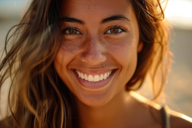 Una mujer con una sonrisa radiante posa para la cámara en un retrato en primer plano