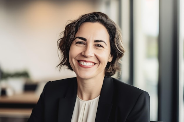 Una mujer con una sonrisa en su rostro sonríe a la cámara.