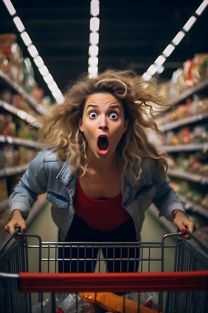 Foto mujer sorprendida con un carrito de compras en un supermercado ia generativa