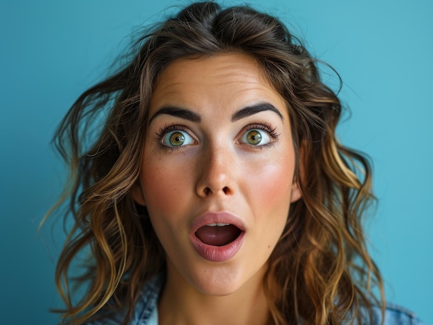 Mujer sorprendida que parece sorprendida sobre fondo azul