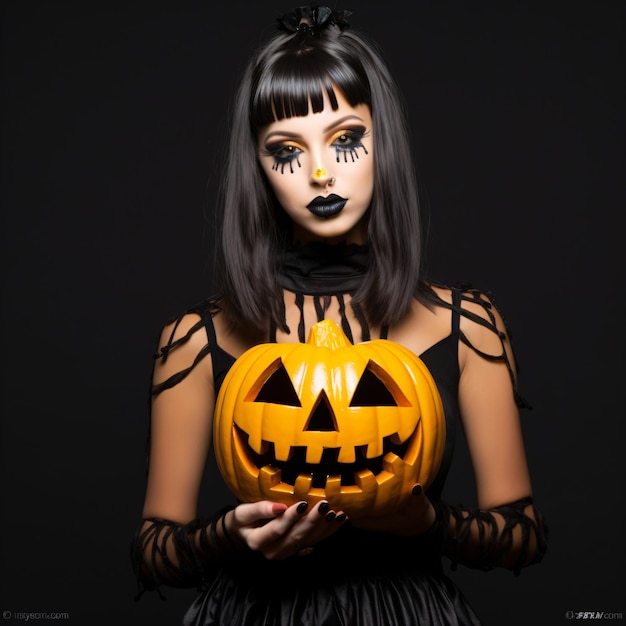 Foto mujer sorprendida sosteniendo calabaza de halloween sobre fondo oscuro