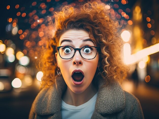 Foto la mujer sorprendida usa gafas de sol de fondo brillante