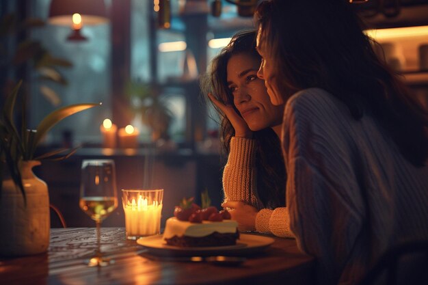 Foto mujer sorprendiendo a su pareja con un dessert casero