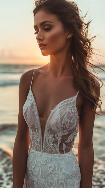 una mujer con un sostén blanco y sombrero de sol está de pie en la playa