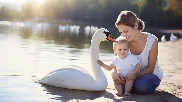 Mujer sosteniendo al bebé junto al cisne