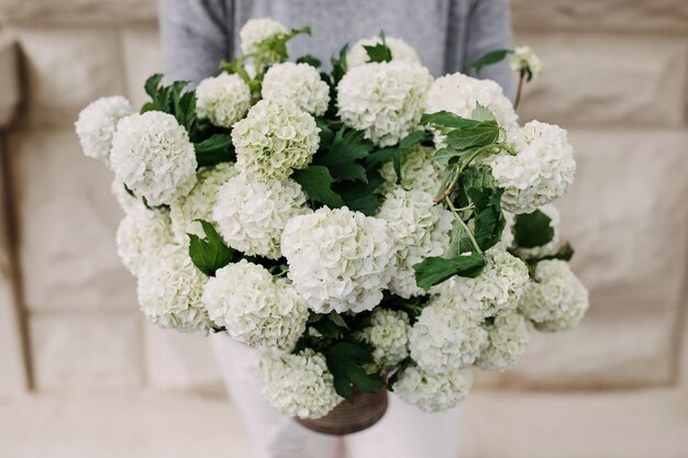 Mujer sosteniendo un balde con flores de hortensias