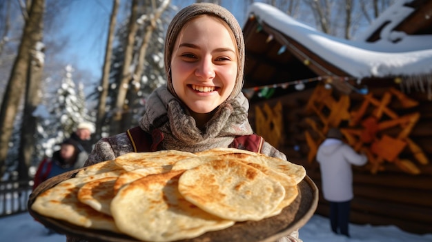 una mujer sosteniendo una bandeja de comida con un fondo cubierto de nieve.