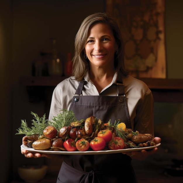 una mujer sosteniendo una bandeja de verduras con una imagen de una mujer sosteniendo un plato de verduras.