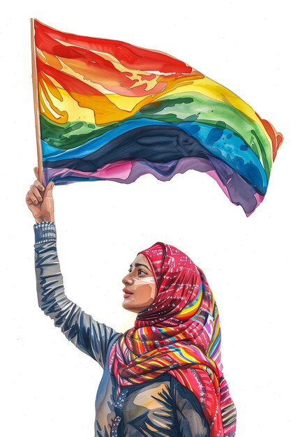 Una mujer sosteniendo una bandera arco iris