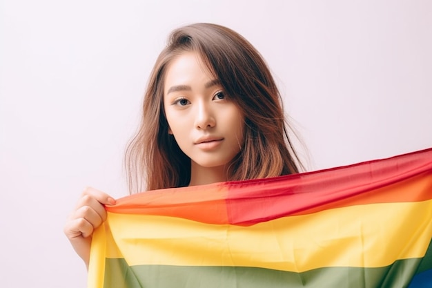 una mujer sosteniendo una bandera de color arco iris en un fondo de color blanco