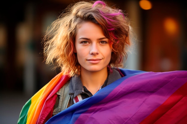 Una mujer sosteniendo una bandera LGBT de cerca