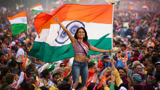 Foto una mujer sosteniendo una bandera con la palabra 