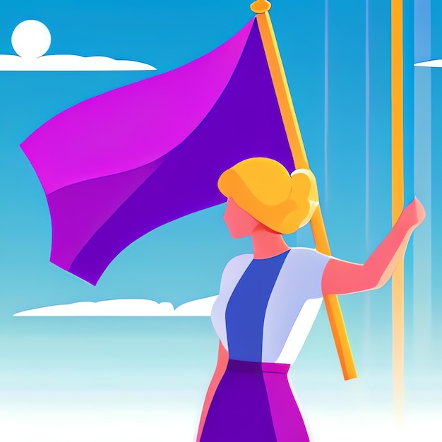 Foto mujer sosteniendo una bandera púrpura día de la mujer día internacional de la mujer