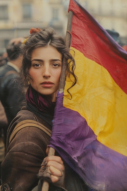 Foto una mujer sosteniendo una bandera que dice la palabra en ella