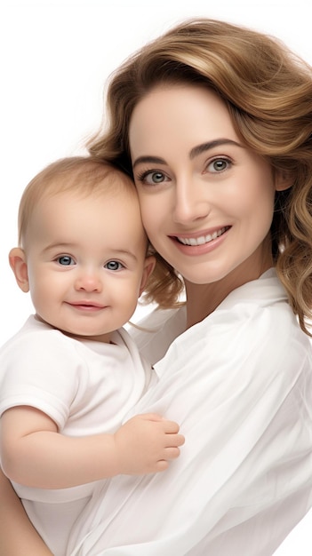 Mujer sosteniendo a un bebé con una camisa blanca y sonriendo