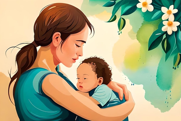 Una mujer sosteniendo a un bebé con una flor en el fondo Día de la Madre