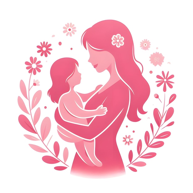 una mujer sosteniendo a un bebé y un fondo de flores rosas
