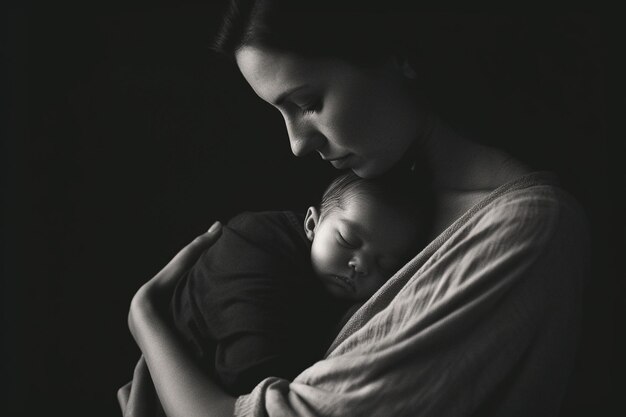 Foto una mujer sosteniendo a un bebé con un fondo negro.