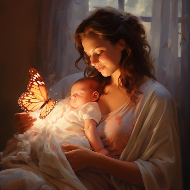 una mujer sosteniendo un bebé y una mariposa en su brazo