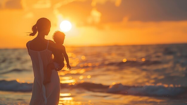 Foto mujer sosteniendo a un bebé en la playa al atardecer