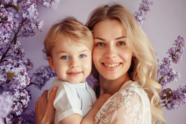 Foto una mujer sosteniendo a un bebé y sonriendo con un fondo púrpura detrás de ella